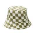 Detail of plush checkered bucket hat in olive green and ivory white faux fur texture - 56-58cm / Olive Green and White Checkerboard