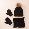 Schwarzes 3-teiliges Strickset für Kinder mit Zopfmuster-Bommelmütze, Schal und Fäustlingen - Einheitsgröße / Schwarzes 3-teiliges Set