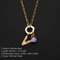 Gold-plated stainless steel necklace with purple crystal and textured letter pendant - Letter V Style (Steel) / Silver