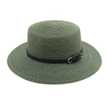 Gros plan sur le tissage fin et la sangle en cuir noir du chapeau de paille canotier vert - M(56-58cm) / Vert Foncé