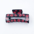Romantic black acrylic hair claw clip with red lip prints and silver glitter finish - Black Glitter Red Lips / 8.4cm