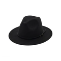 Classic black wool felt fedora hat with flat wide brim and leather metal buckle band - M / Black