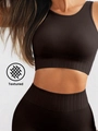 Detail of dark brown rib-knit texture on seamless yoga crop top and leggings - Dark Coffee