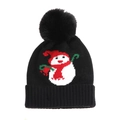 Kids black winter knit hat with pom-pom featuring a festive snowman pattern for Christmas - 50-54cm / Black