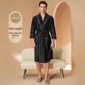 Men's black mid-length bathrobe with 3/4 sleeves and elegant white piping trim - M / Male Style / Black
