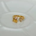 Detail of 18k gold plated open ring featuring colorful square and teardrop zircons - Design 2 (Pink & Yellow Zirconia)