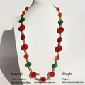 Handmade glass beaded necklace with red and green translucent beads and brass details - Handmade Lampwork Mid-length Necklace / Red Green Vintage Ethnic