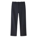 Detail view of dark grey straight-leg trousers with belt loops and hidden placket design - XS / Black Pants
