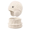 Kids winter set including beige cable knit earflap hat and matching warm scarf - 2-Piece Set - Solid Beige