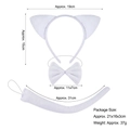 3-piece white plush cat ear headband set with bowtie and tail dimensions shown - All White Cat Ear 3-Piece Set