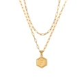 Gold double-layered necklace with paperclip chain and hexagon letter F pendant - Letter F Style (F)