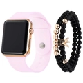 Detail of pink silicone LED watch next to double-layer gold crown bead bracelet set - Rose Gold Case Pink Strap + Bracelet