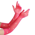 Hot pink rhinestone fishnet gloves for women long elbow length sparkly mesh sleeves - One Size / Rose Red Fingerless Rhinestone