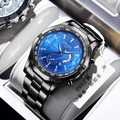 ORUSS men's business watch with black steel strap and vibrant blue sunray dial - Black Band Blue Face