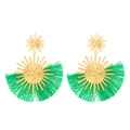 Bohemian fan-shaped tassel earrings with green fringe and golden sunburst star metal - Green