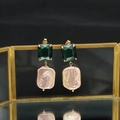 Vintage emerald earrings with natural pink baroque pearls and 925 silver needles - Green Square Stud Purple Square Baroque