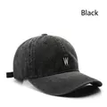 Vintage black washed denim baseball cap with white letter W embroidery and curved brim - Black