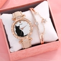 Close-up of cat motif watch and star bracelet set inside a pink marble gift box - Beige Watch + Bracelet + Gift Box
