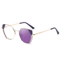 Golden cat-eye glasses frame with purple photochromic lenses in a 45-degree side view - C6 Purple Gray Turn Purple
