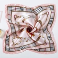 Pink silk square scarf with golden chain print and plaid patterns in a spiral layout - Pink Base Chain