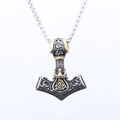 Ciondolo martello di Thor vichingo in acciaio inossidabile con rune dorate e simboli valknut - Stile Bicolore Oro (B1326-2)