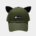 Detail of army green baseball cap featuring black cat ears and a handmade woven label - Adjustable / Army Green