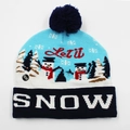 Winter knitted light-up snow hat with snowman motif and LED power button feature - Hat Style 30 (Blue White Snowman)