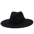 Detail of black wool fedora with wide brim and matching woven decorative band - M (56-58cm) / Black