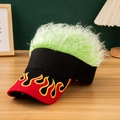 Creative black sun visor hat with red brim, yellow flame embroidery and light green wig - Black + Light Green Hair