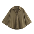 Camicia oversize in popeline verde oliva scuro con maniche ampie e taglio rilassato - XS / Verde oliva