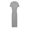 Slim-fit grey ribbed knit maxi dress with short sleeves and polo collar detail - S / Dresses / Lead Grey
