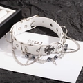 White leather punk collar necklace with cross pendant and metal chains for women - White