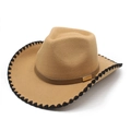 Close-up of camel wool felt fedora with black stitched edge and metal buckle band - M (56-58cm) / Camel