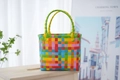 Rainbow colorful woven picnic basket bag with durable handmade multi-color braided handles - Plain Plaid / Rainbow
