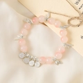 Pink cat eye stone bead bracelet with silver leaf spacer and peace charm pendant - Ping An Xi Le Pink Bead (K3583)