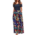 Detail of off-shoulder summer dress with dark blue knit top and tropical leaf print skirt - Navy Colorful Leaf