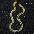 Classic 13mm gold plated iced out Cuban chain necklace with sparkling heart pendants - Necklace (45cm) / Gold