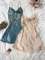 Short silk satin nightdress with floral print and cowl neck in teal and champagne pink - S / Green Cherry + Champagne Cherry