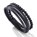 Men's multi-layer black braided leather bracelet with lava stones and magnetic clasp - Lava Stone / 21.5cm