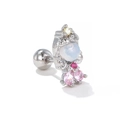 Detail of barbell stud earring with pink and yellow zircons and opal stone center - Vintage Multi-stone Style / White Gold