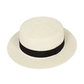 Close-up of off-white straw Panama hat with fine weave and black grosgrain ribbon - M (56-58cm) / Cream White (Flat Top Square Band)
