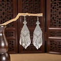 Ethnic silver-plated hollow peacock earrings with long tassel dangles and leaf patterns - Large Silver Long Tassel(E5674)