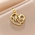 Gold heart-shaped Mom pendant with inlaid zircons on soft beige silk background - Mom Side Stone Hollow Heart Pendant