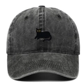 Close-up of black cat embroidery on a dark grey washed denim baseball cap - Adjustable / Black