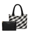 Handwoven black and white check tote bag with matching black zippered pouch set - Black and White