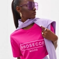 Rose pink cotton T-shirt with Prosecco Mood text print and stylish purple shawl accent - S / Rose Red