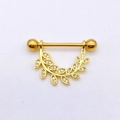 Detailed view of a gold U-shaped nipple ring with sparkling crystal leaf design - Gold - 13-Leaf Wreath