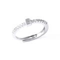 Silver adjustable ring with letter B design and small inset stones on white background - Letter B