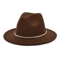 Close-up of chocolate brown fedora hat with elegant silver metallic decorative band - Coffee