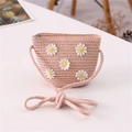 Pink straw woven crossbody bag for kids featuring 3D daisy embroidery and rope strap - Little Fairy Style / Light Pink